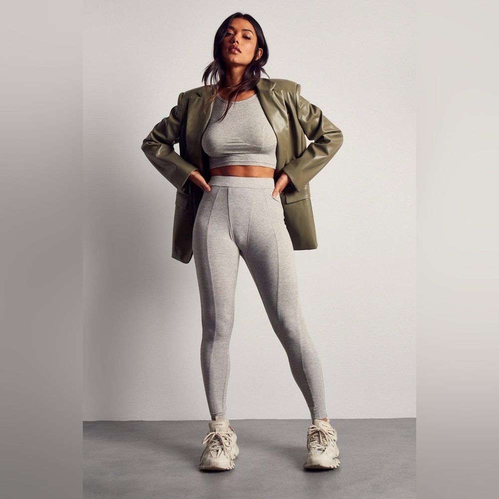 MissPap	Premium Ribbed Gusset Detail Grey Rib Leggings